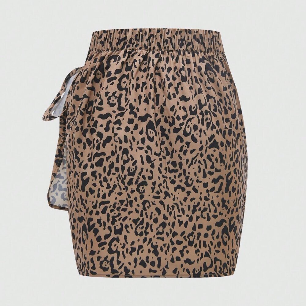Khaki Casual Women's Leopard Print Twist Knot Mini Skirt - Picture 8 of 8